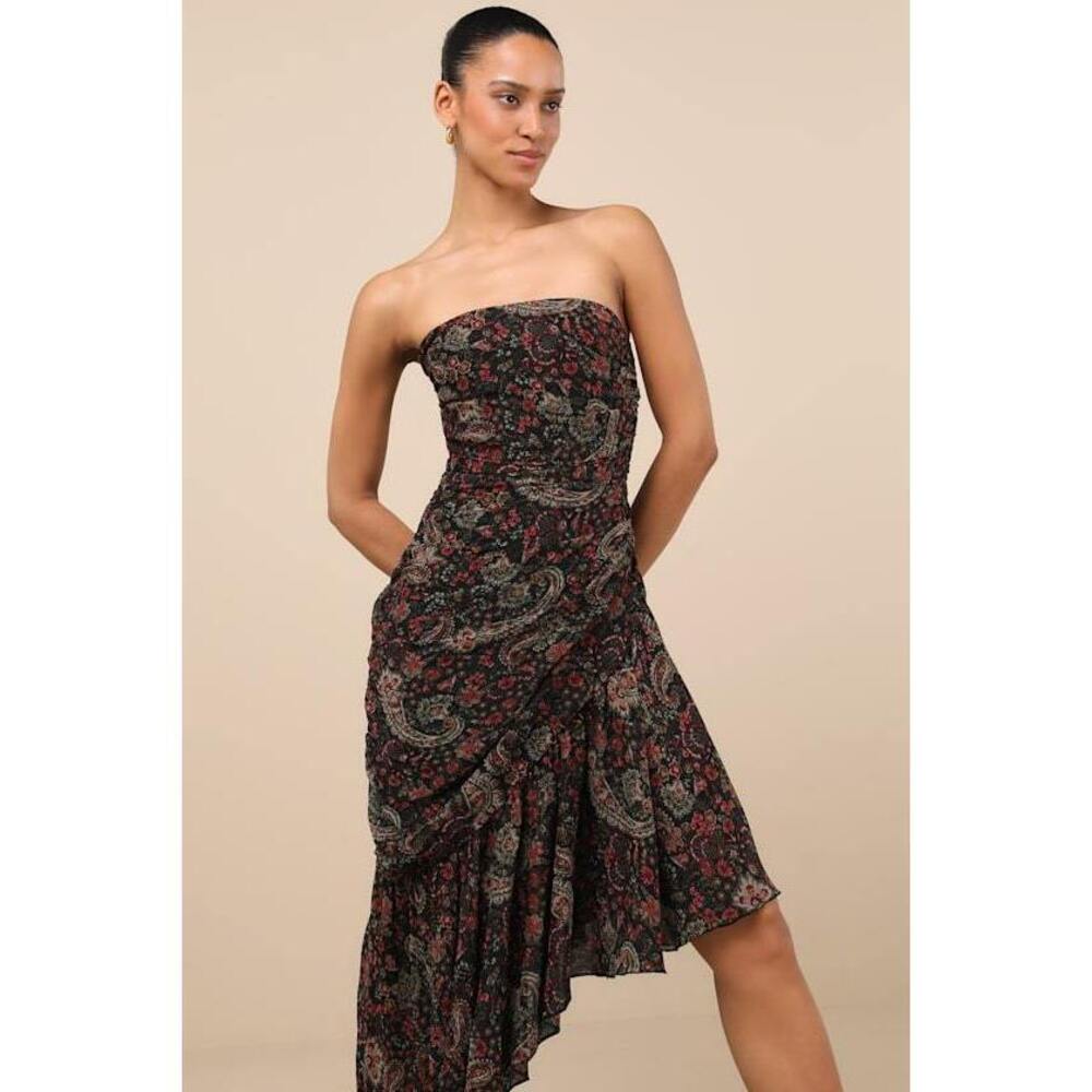 Lulus Leena Black Multi Paisley Asymmetrical Midi Dress - Size M